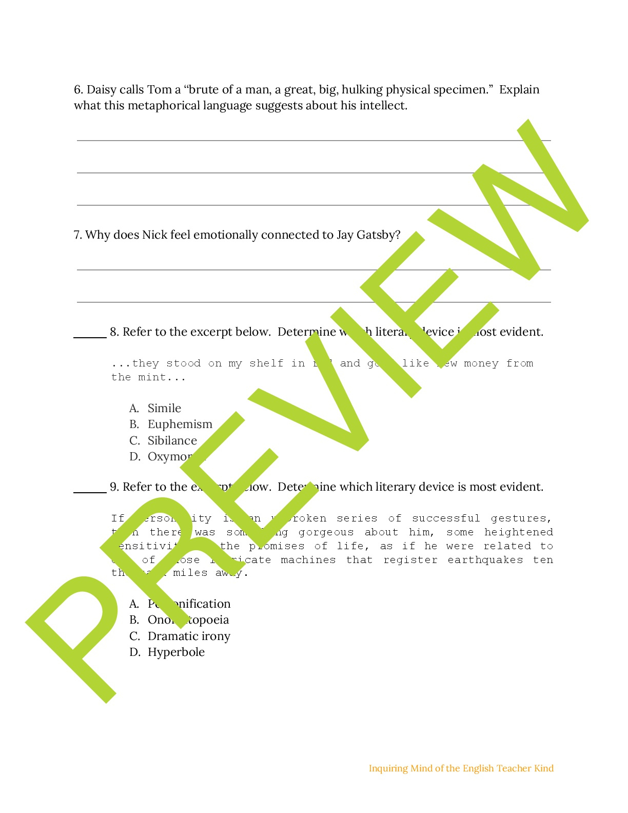 The Great Gatsby Close Reading Worksheet Chapter 1 Teaching Resources