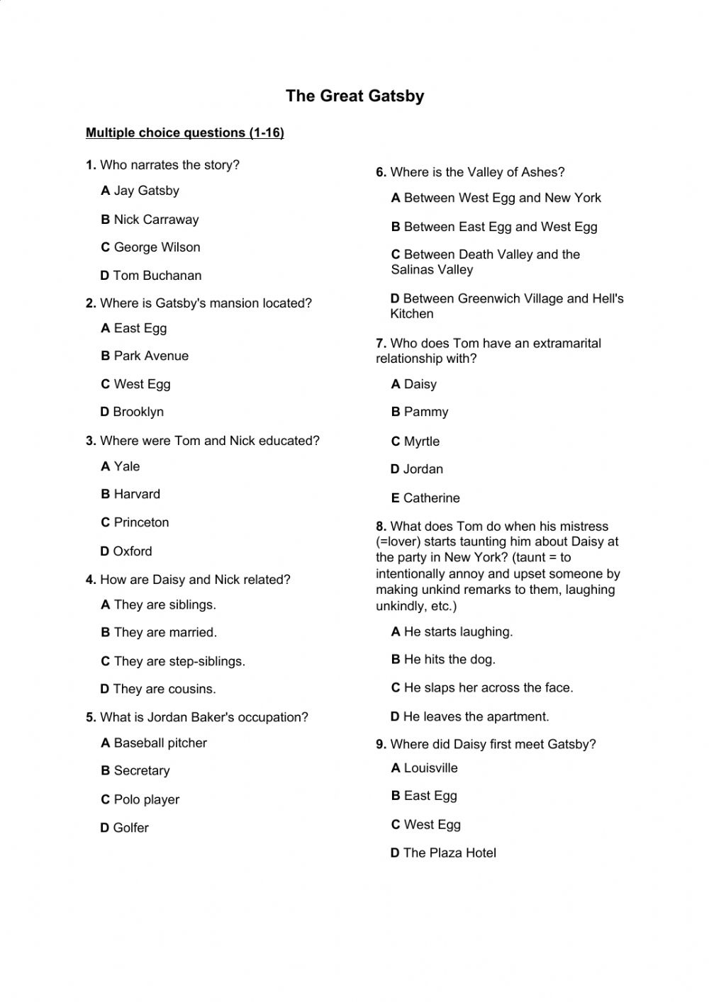 The Great Gatsby movie Worksheet