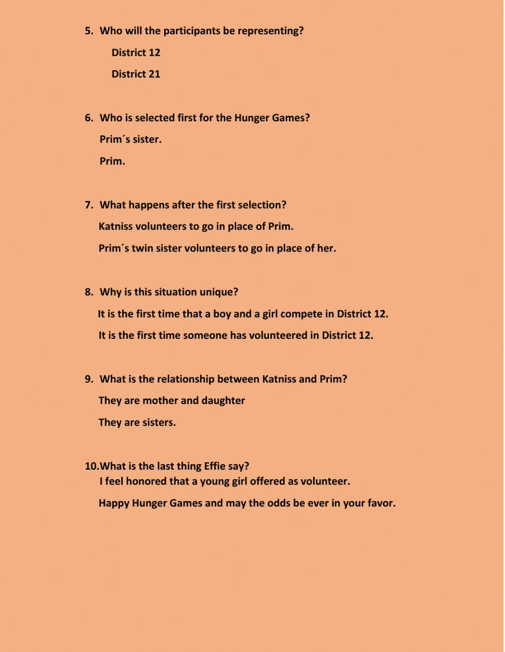 The Hunger Games Worksheet