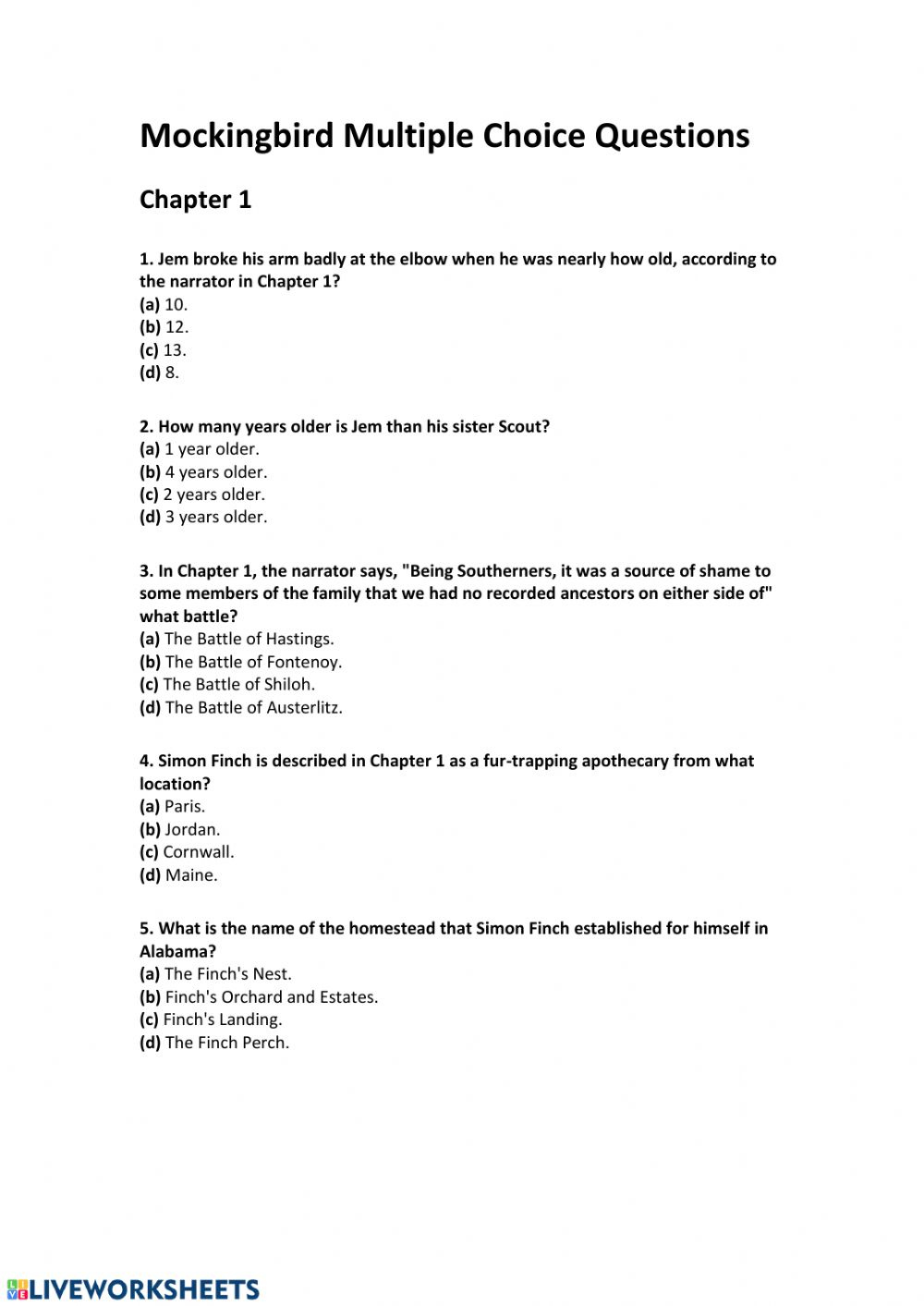To Kill A Mockingbird Chapters 1 3 Worksheet