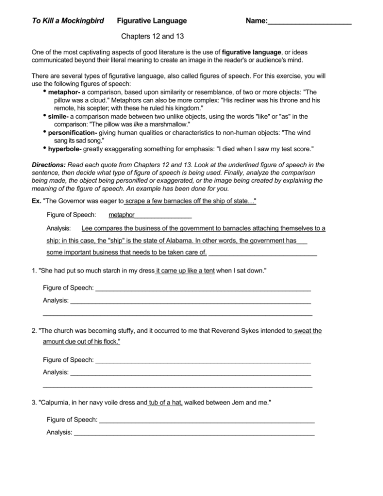 To Kill A Mockingbird Figurative Language Worksheet Answers | Language ...