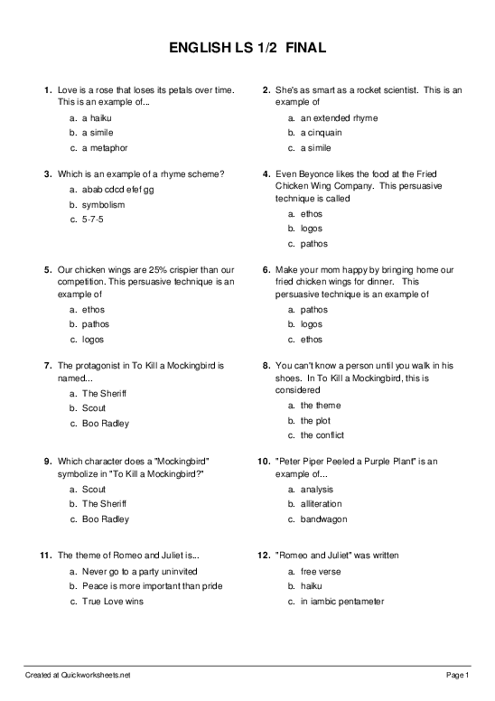 TO KILL A MOCKINGBIRD Worksheets