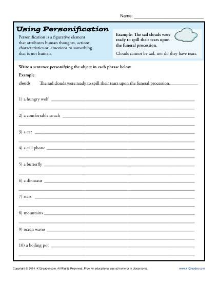 Using Personification Figurative Language Worksheets