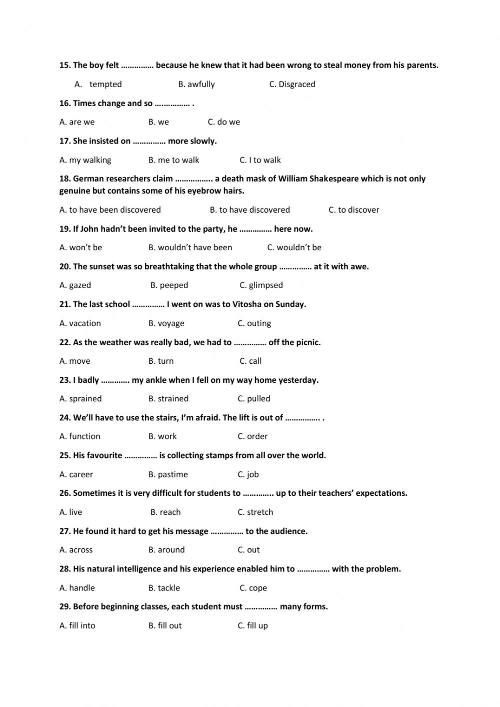 Vocab And Grammar Quiz Worksheet