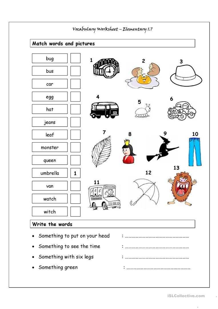 Vocabulary Matching Worksheet Elementary 1 7 Worksheet Free ESL 