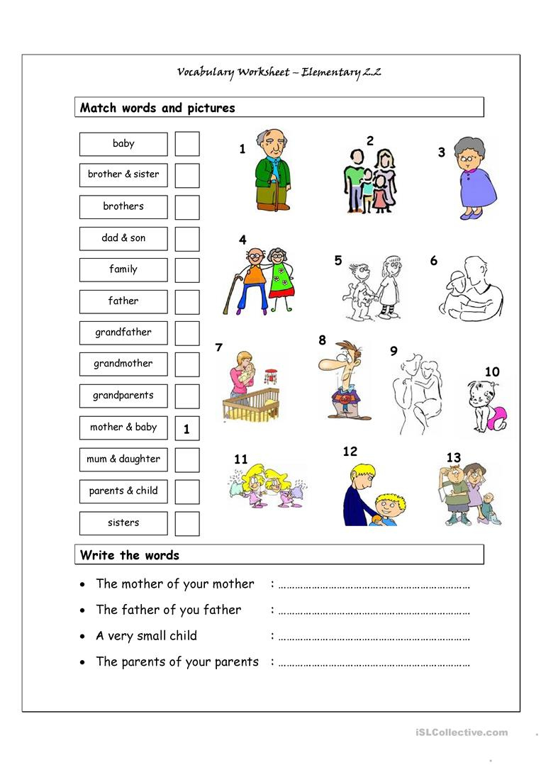 Vocabulary Matching Worksheet Elementary 2 2 Family English ESL 