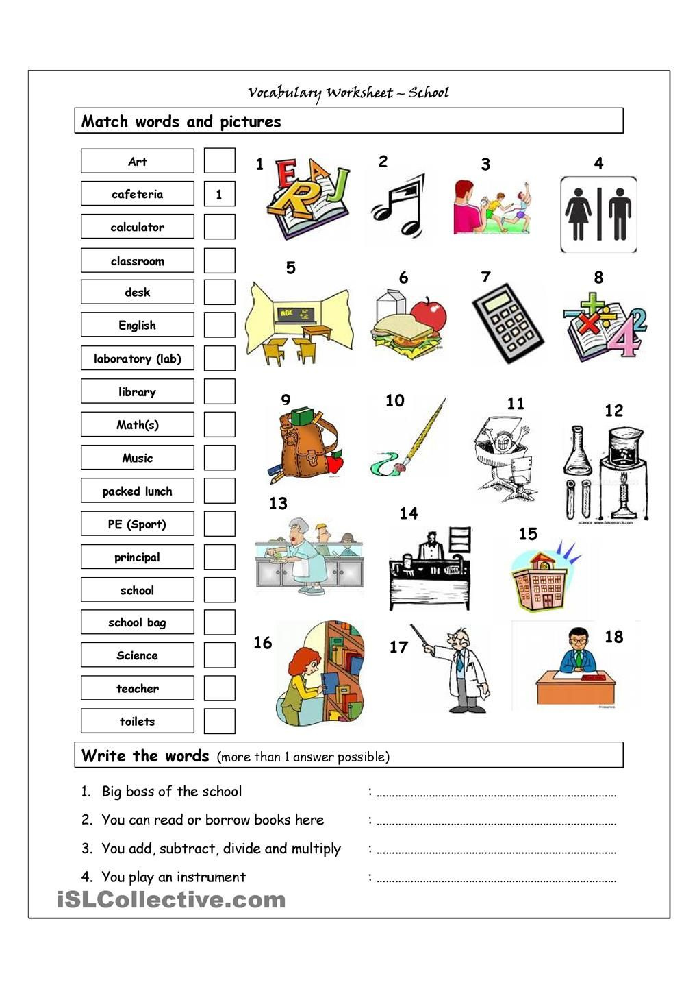 Vocabulary Matching Worksheet SCHOOL School Worksheets Vocabulary 