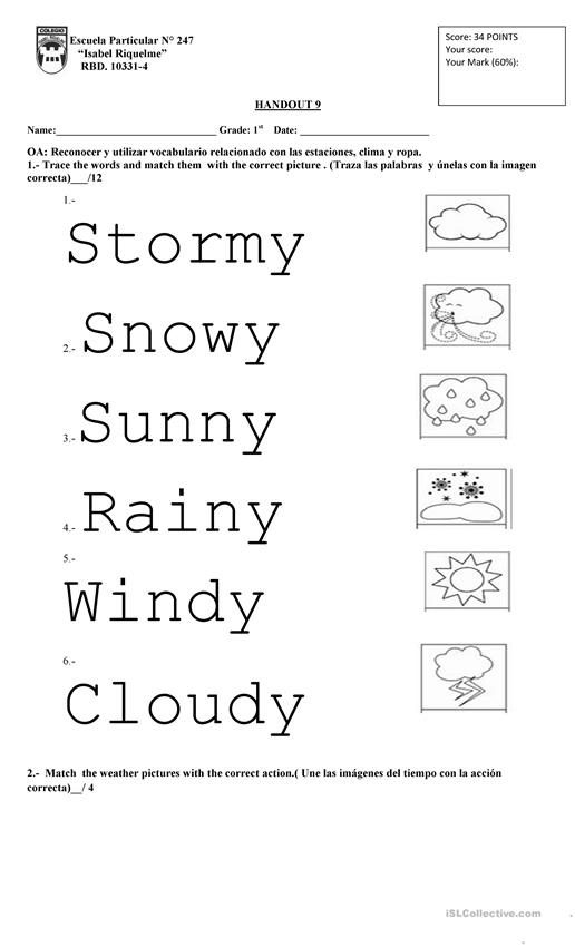 Weather 1st Grade English ESL Worksheets For Distance Learning And 