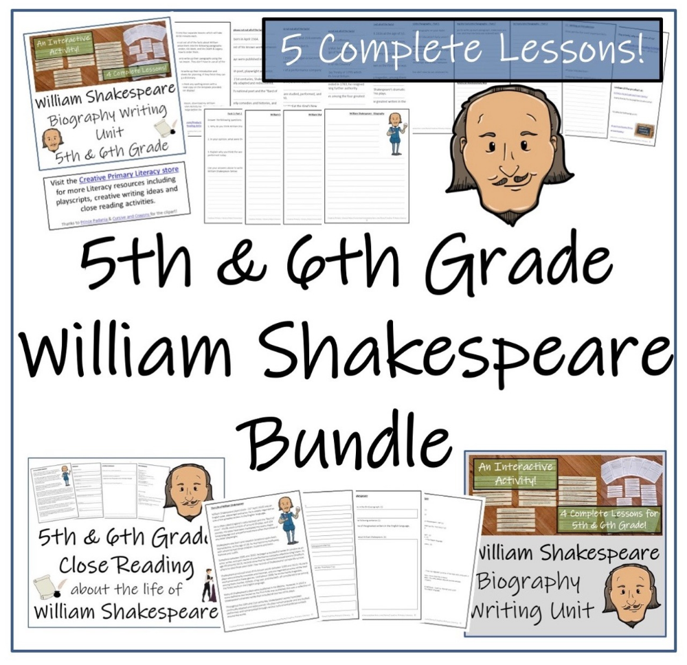 William Shakespeare 5th 6th Grade Close Read Biography Writing 