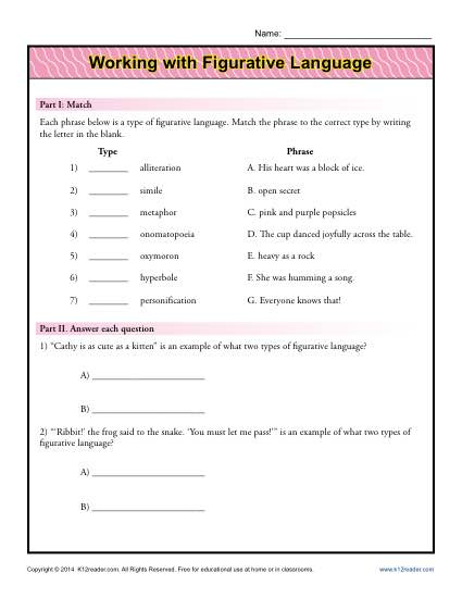 Working With Figurative Language Worksheet